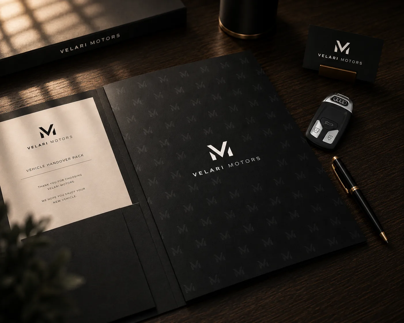 Velari Motors bespoke vehicle handover pack, key and pen — boutique automotive presentation